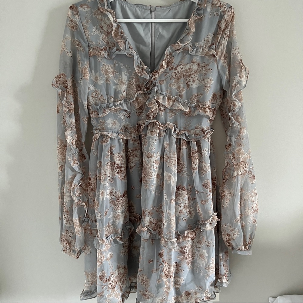 Floral V-neck long-sleeve dress blue-gray